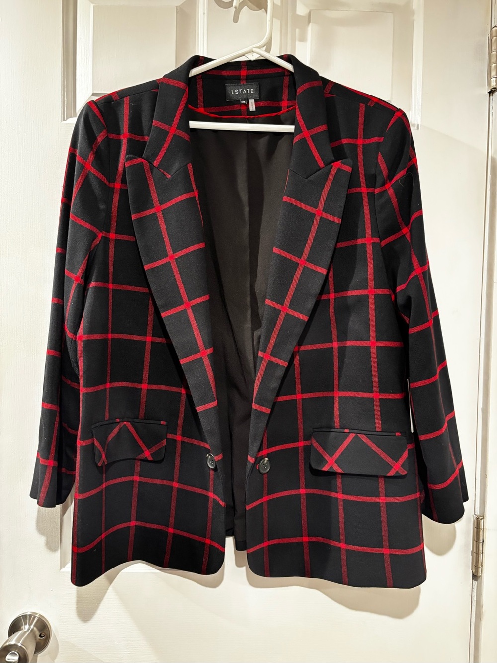 1. State Black Blazer with Red Windowpane Check